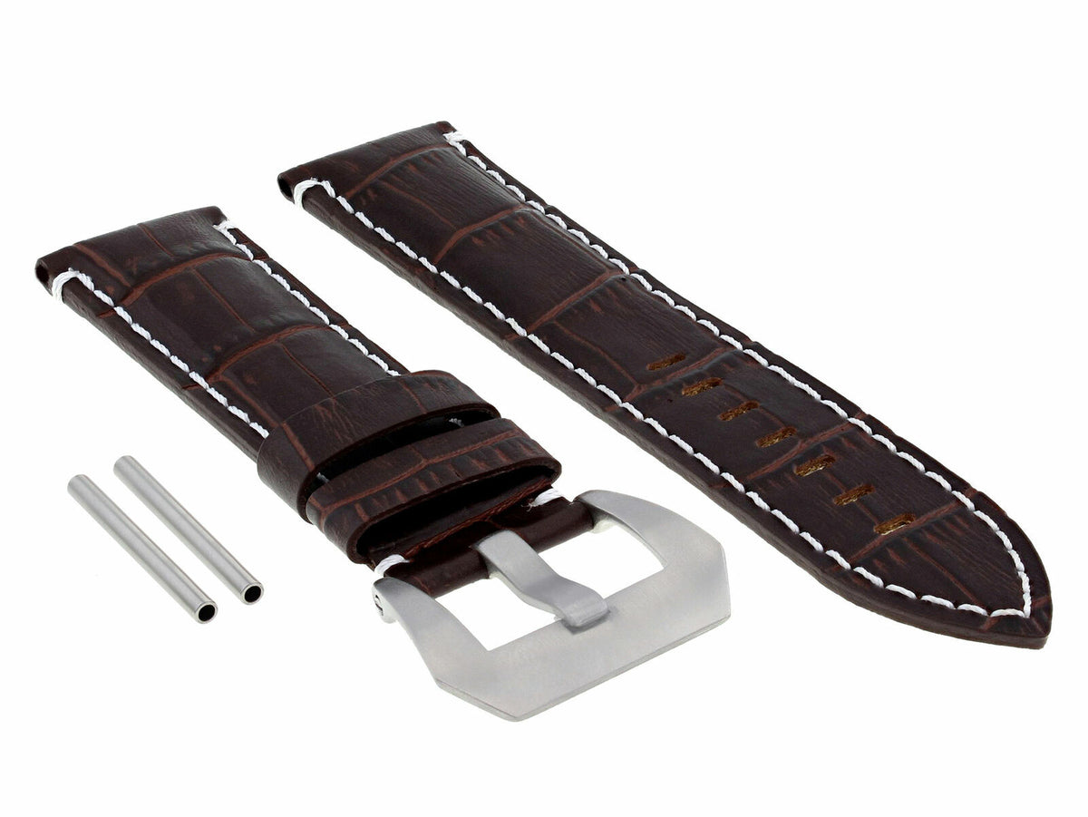 22-24MM LEATHER WATCH BAND STRAP FOR 40-44MM PANERAI MARINA RADIOMIR GMT WATCH - Beige with Red Stitching, Brown with White Stitching, front view