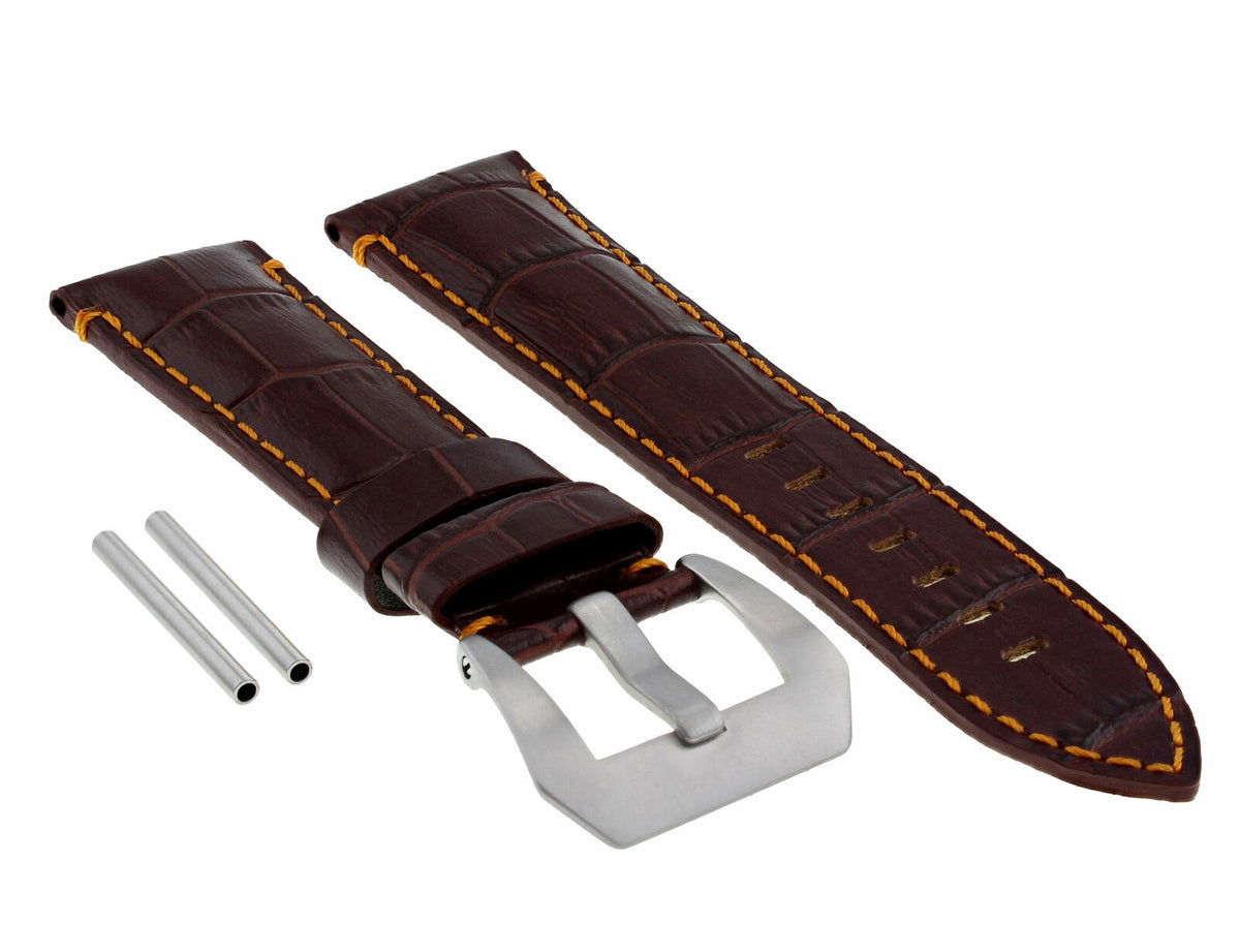 22-24MM LEATHER WATCH BAND STRAP FOR 40-44MM PANERAI MARINA RADIOMIR GMT WATCH - Beige with Red Stitching, Brown with Orange Stitching, front view