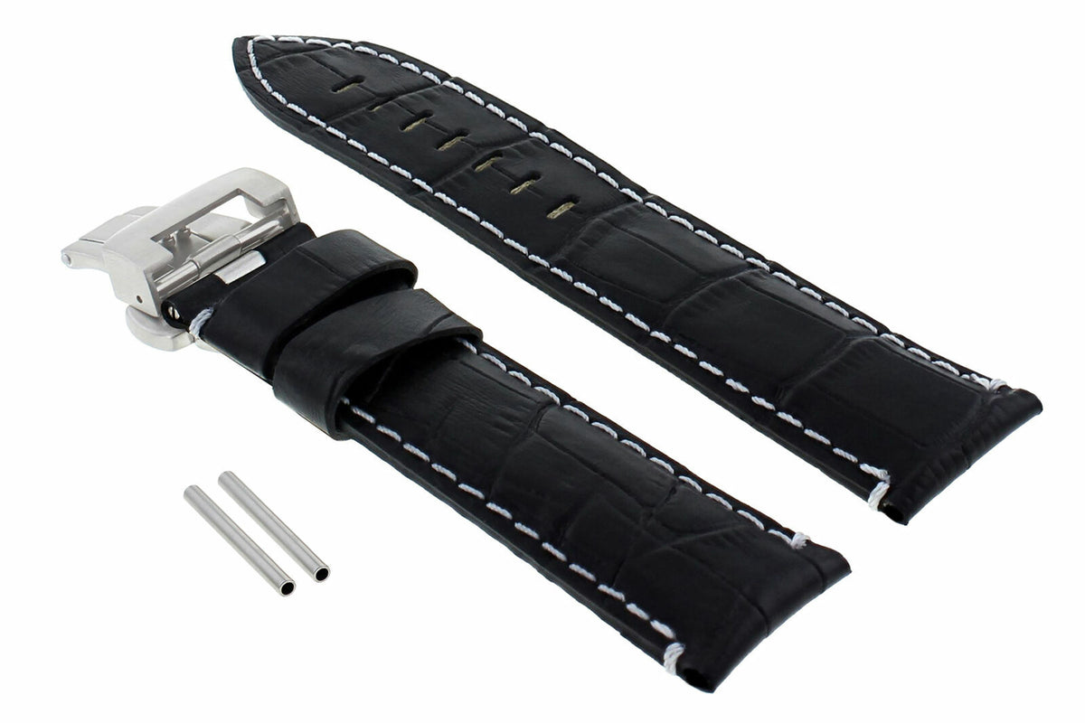 22-24MM LEATHER WATCH BAND STRAP FOR PANERAI MARINA LUMINOR GMT WATCH + CLASP - 22mm, Black with White Stitching, view 4