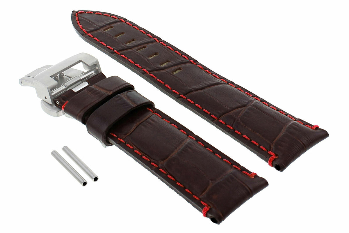 22-24MM LEATHER WATCH BAND STRAP FOR PANERAI MARINA LUMINOR GMT WATCH + CLASP - 22mm, Brown with Red Stitching, view 4