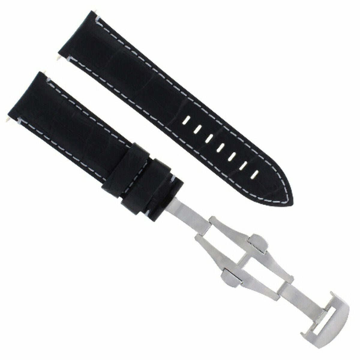 22-24MM LEATHER WATCH BAND STRAP FOR BREITLING NAVITIMER, BENTLEY PILOT WATCH, Black with White Stitching, view 2