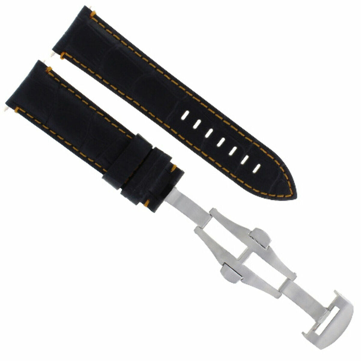 22-24MM LEATHER WATCH BAND STRAP FOR BREITLING NAVITIMER, BENTLEY PILOT WATCH, Black with Orange Stitching, view 2