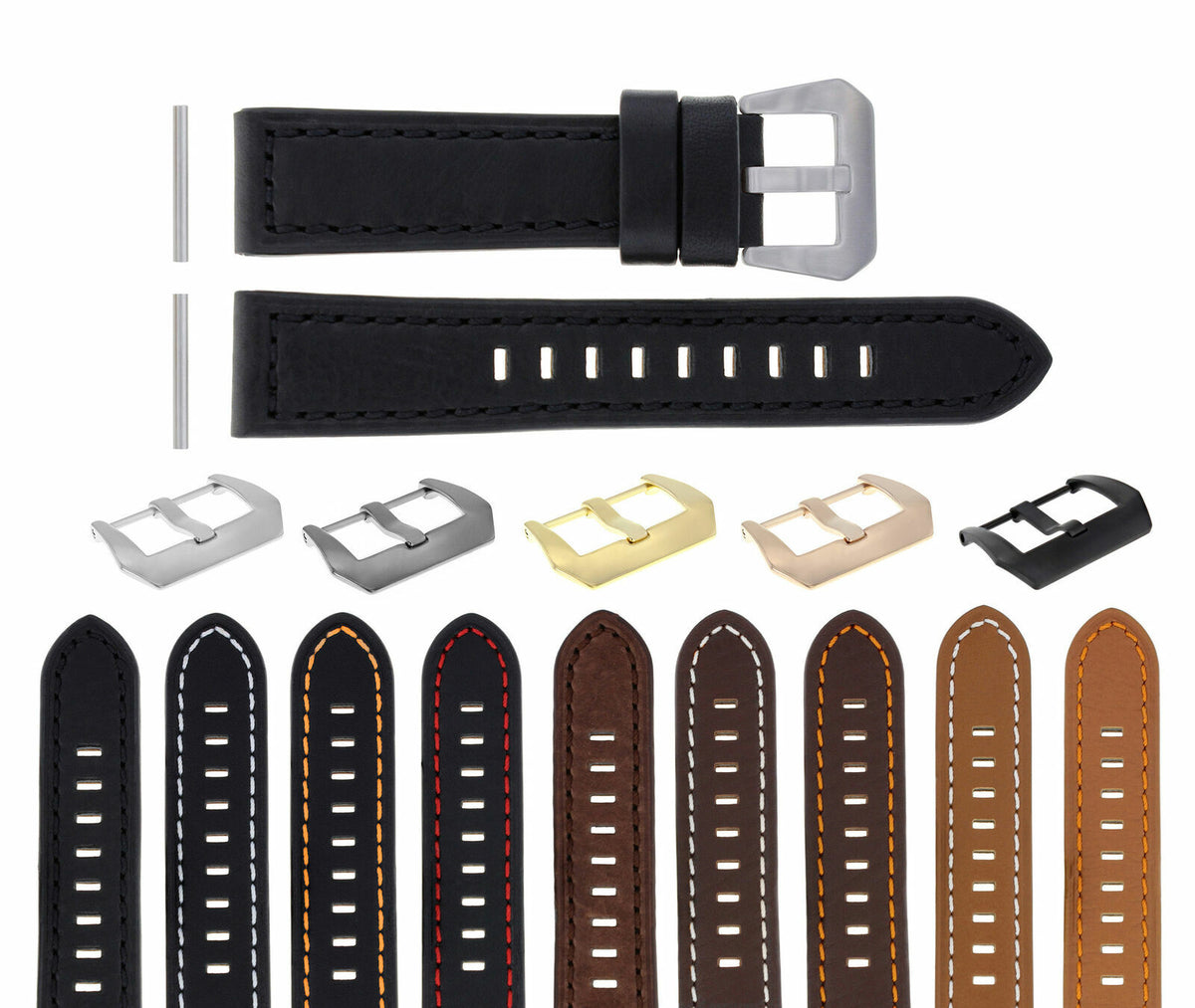 22 -24MM LEATHER WATCH BAND STRAP FOR PAM PANERAI MARINA LUMINOR WATCH LONG, Black
