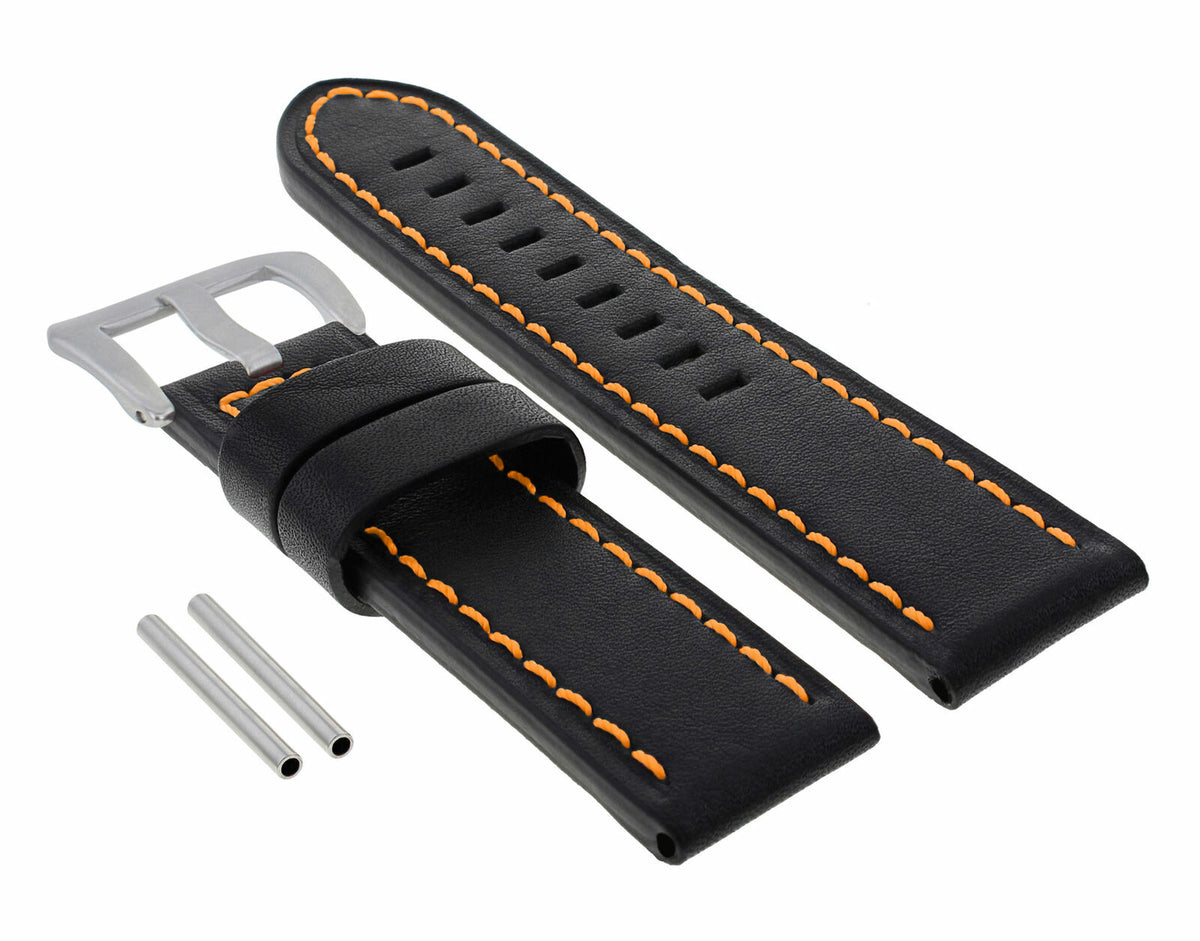 22 -24MM LEATHER WATCH BAND STRAP FOR PAM PANERAI MARINA LUMINOR WATCH LONG, Black with Orange Stitching, view 4