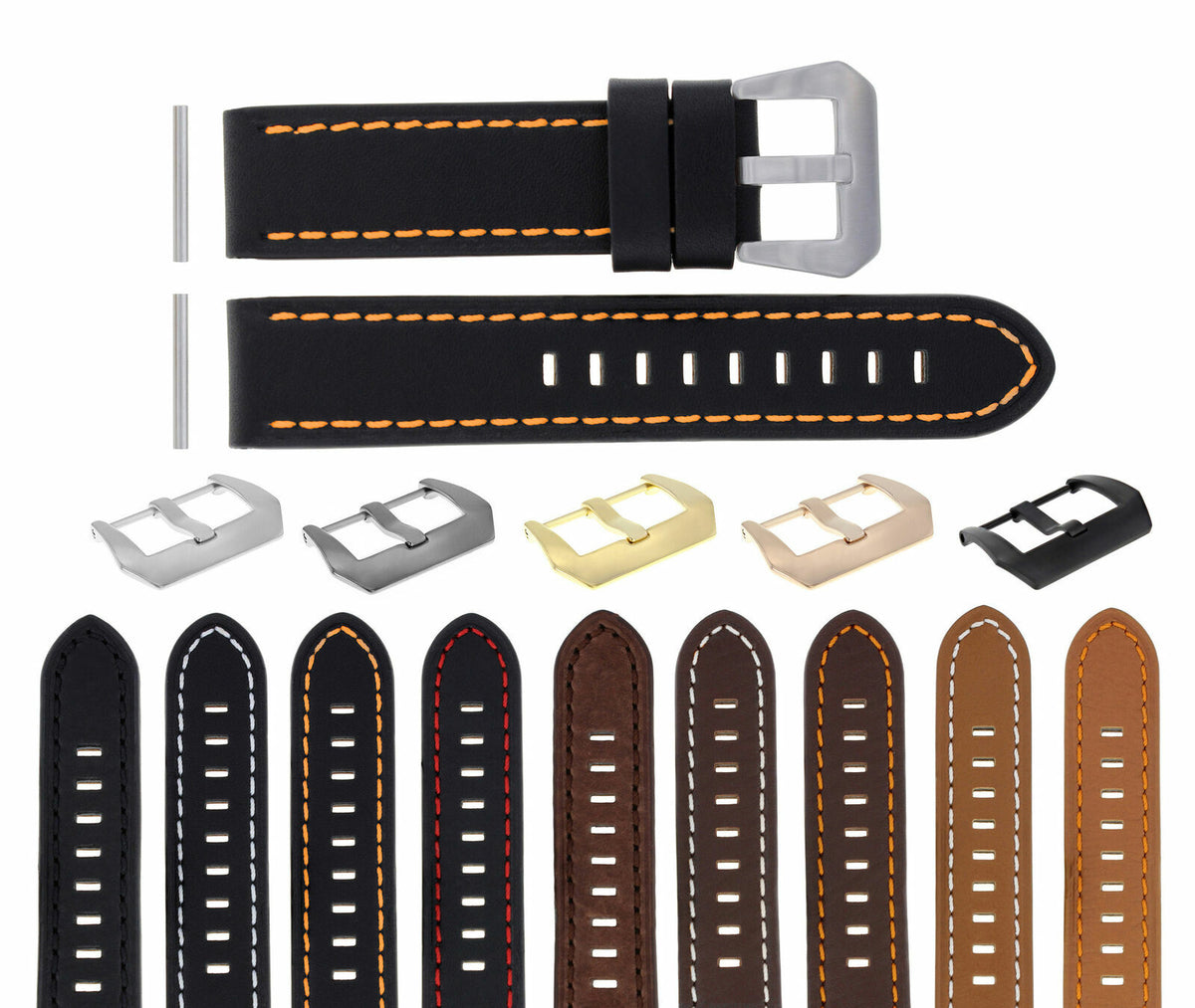 22 -24MM LEATHER WATCH BAND STRAP FOR PAM PANERAI MARINA LUMINOR WATCH LONG, Black with Orange Stitching