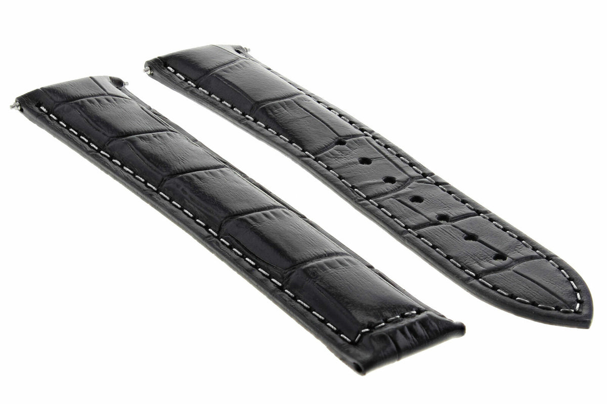 18MM-24MM GENUINE LEATHER WATCH BAND STRAP WITH CLASP FOR OMEGA SEAMASTER PLANET, Black with White Stitching, front view