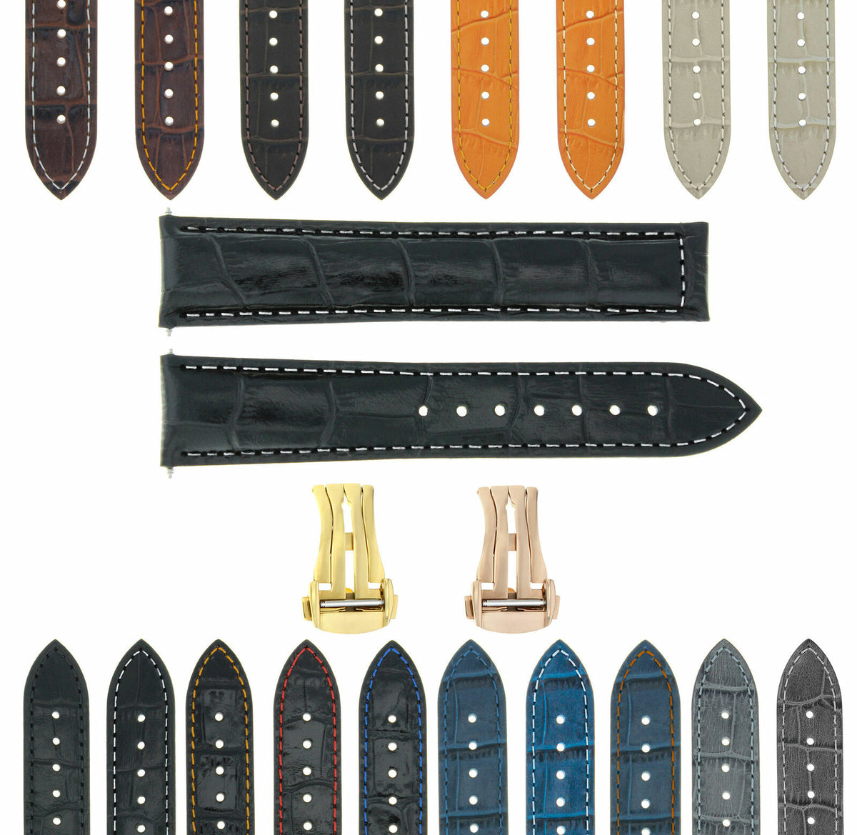18MM-24MM GENUINE LEATHER WATCH BAND STRAP WITH CLASP FOR OMEGA SEAMASTER PLANET, Black with White Stitching