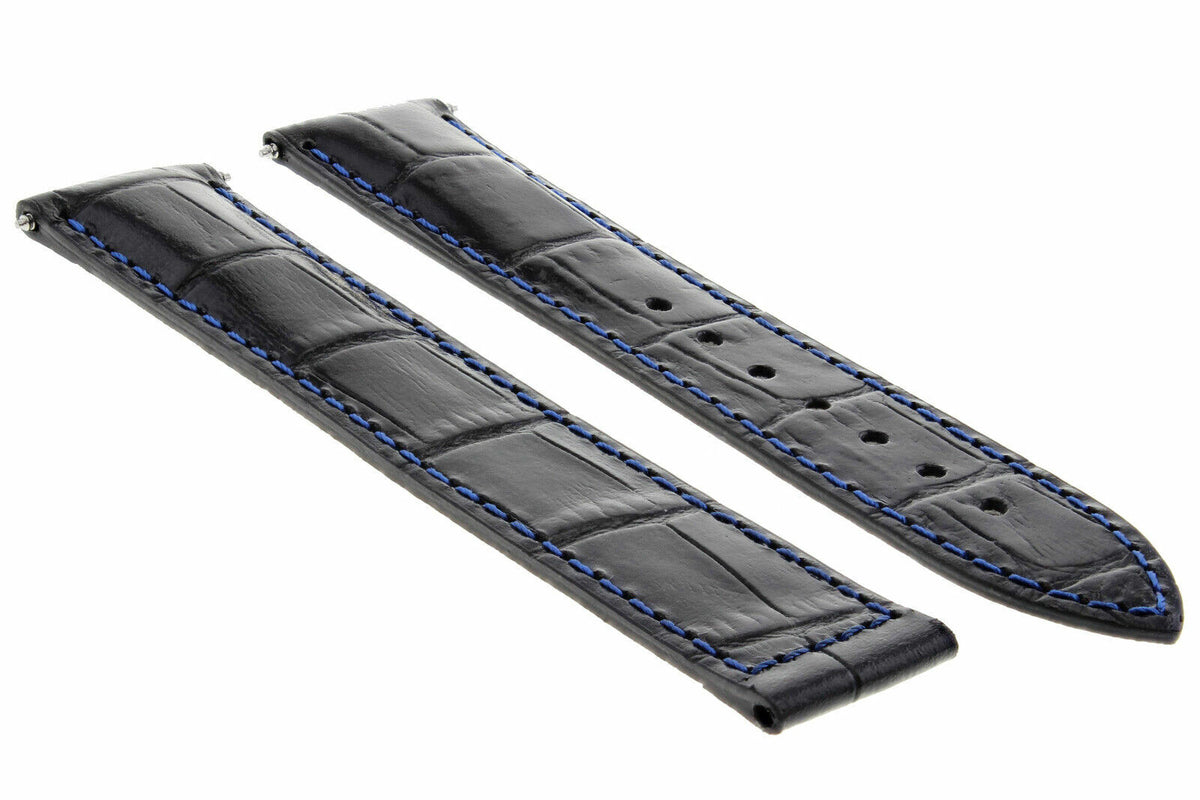 18MM-24MM GENUINE LEATHER WATCH BAND STRAP WITH CLASP FOR OMEGA SEAMASTER PLANET, Black with Blue Stitching, front view