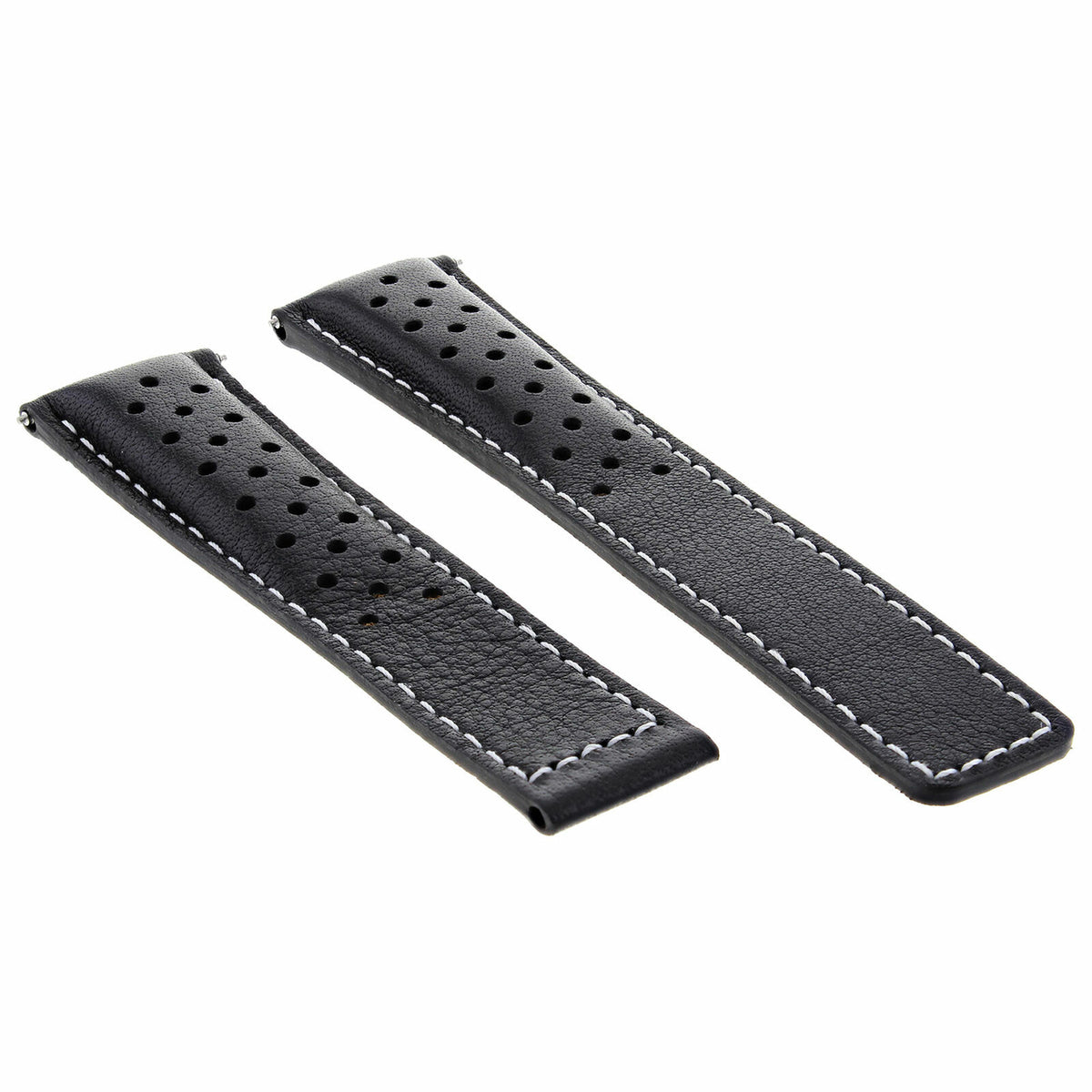 PERFORATED 19-20-22MM LEATHER WATCH BAND STRAP FOR TAG HEUER CARRERA CALIBRE, Black with White Stitching, front view
