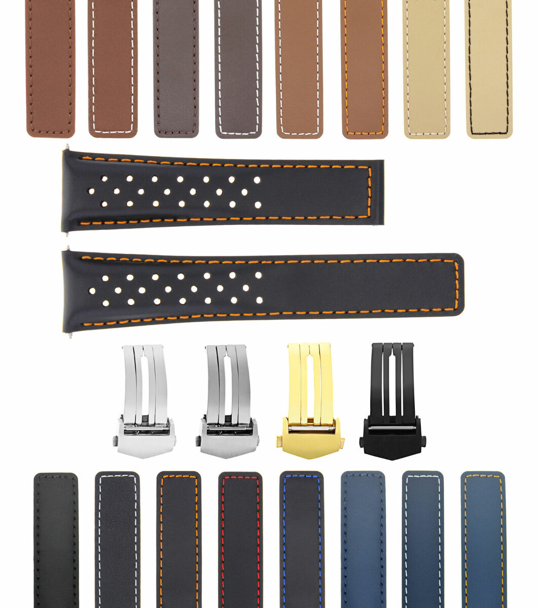 PERFORATED 19-20-22MM LEATHER WATCH BAND STRAP FOR TAG HEUER CARRERA CALIBRE, Black with Orange Stitching