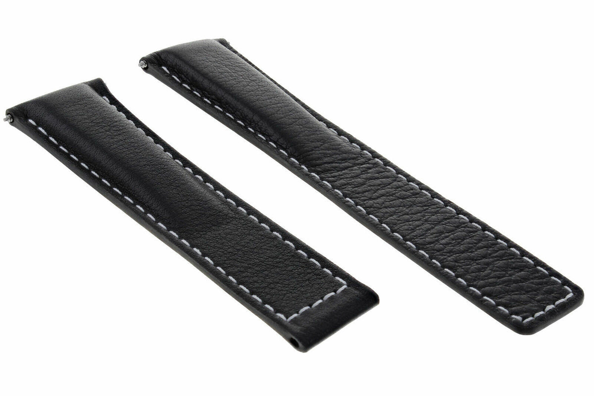 19MM 20MM 22MM LEATHER WATCH BAND STRAP WITH CLASP FOR TAG HEUER CARRERA MONACO, Black with White Stitching, front view