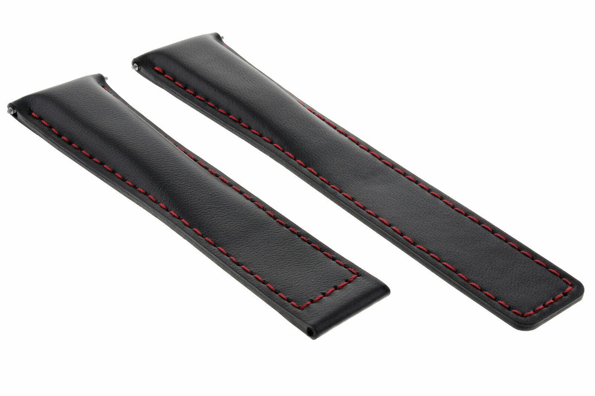 19MM 20MM 22MM LEATHER WATCH BAND STRAP WITH CLASP FOR TAG HEUER CARRERA MONACO, Black with Red Stitching, front view