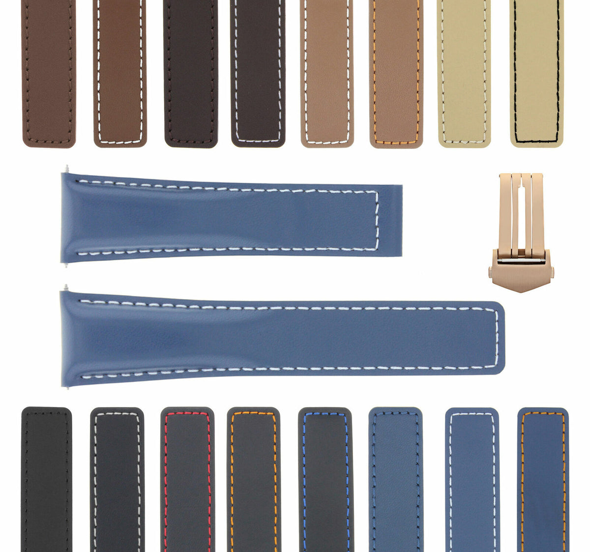 19MM 20MM 22MM LEATHER WATCH BAND STRAP WITH CLASP FOR TAG HEUER CARRERA MONACO, Blue with White Stitching