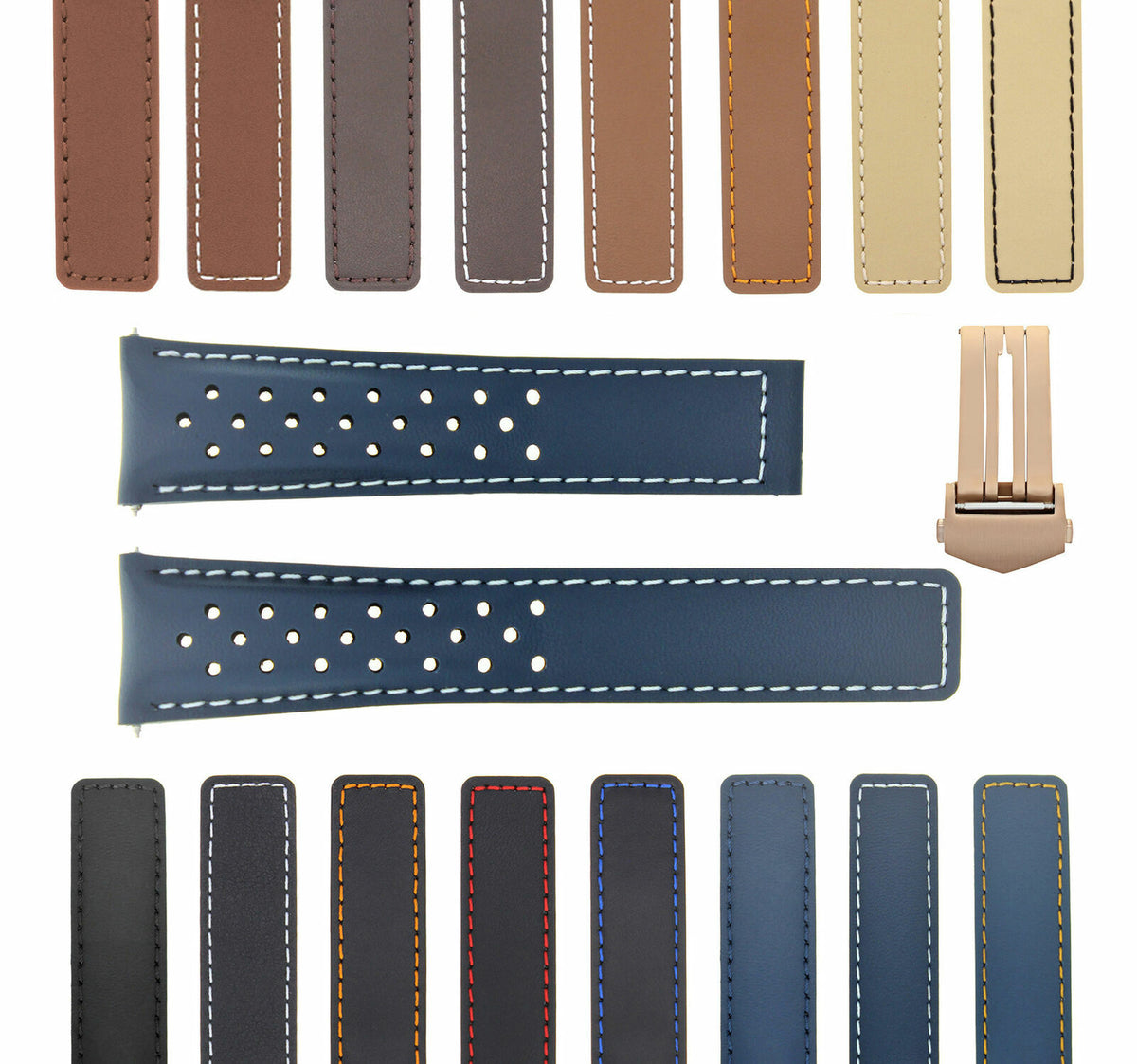 19MM-22MM PERFORATED LEATHER WATCH BAND STRAP FOR TAG HEUER CARRERA CALIBRE, Blue with White Stitching