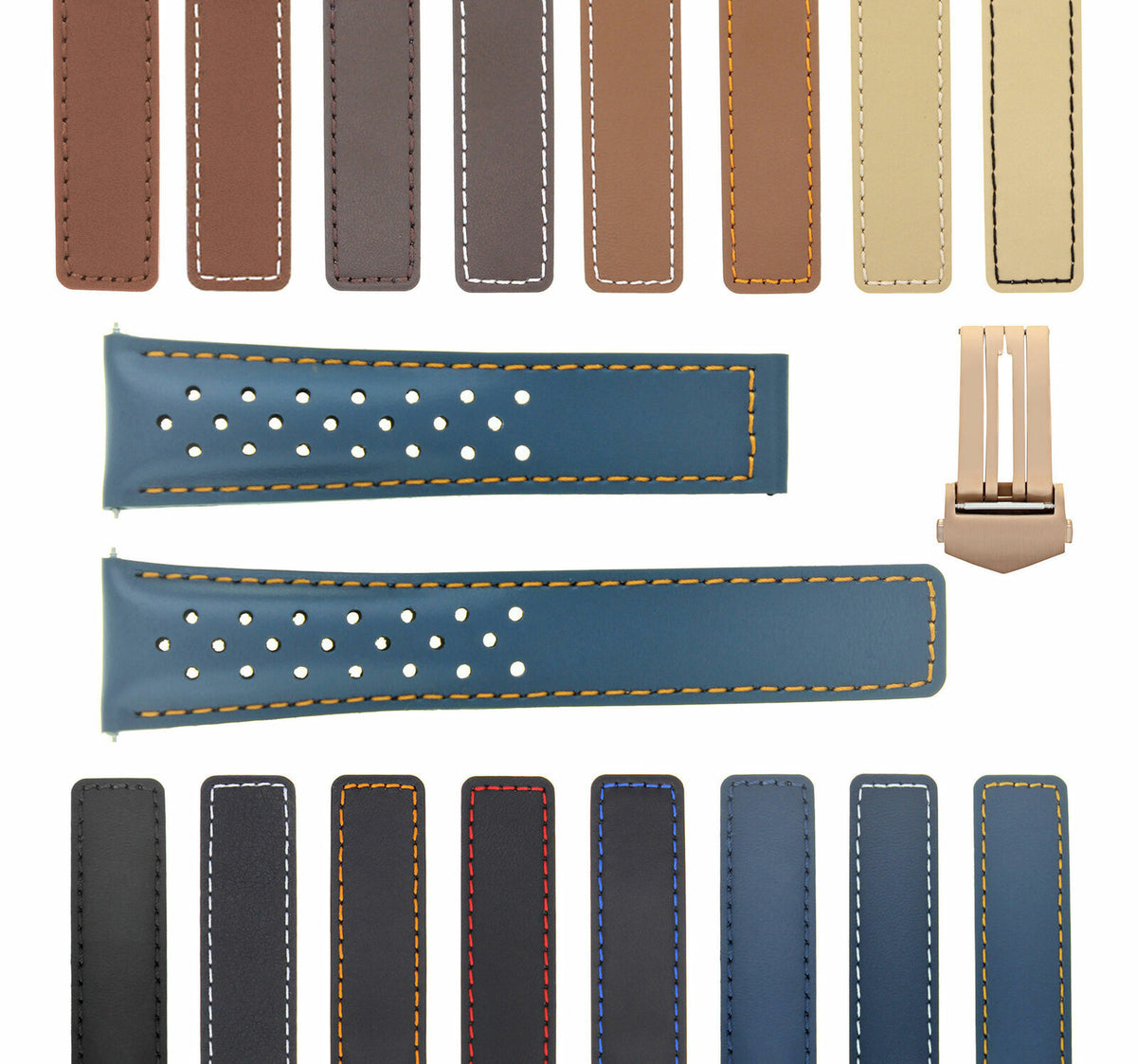 19MM-22MM PERFORATED LEATHER WATCH BAND STRAP FOR TAG HEUER CARRERA CALIBRE, Blue with Orange Stitching