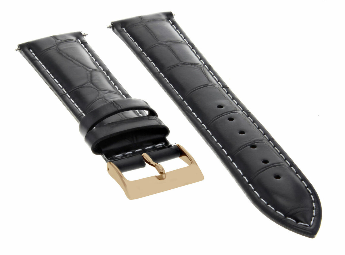 17-18-19-20-21-22-23-24MM LEATHER WATCH BAND STRAP FOR CITIZEN DRIVE ROSE BLACK, Black with White Stitching, front view
