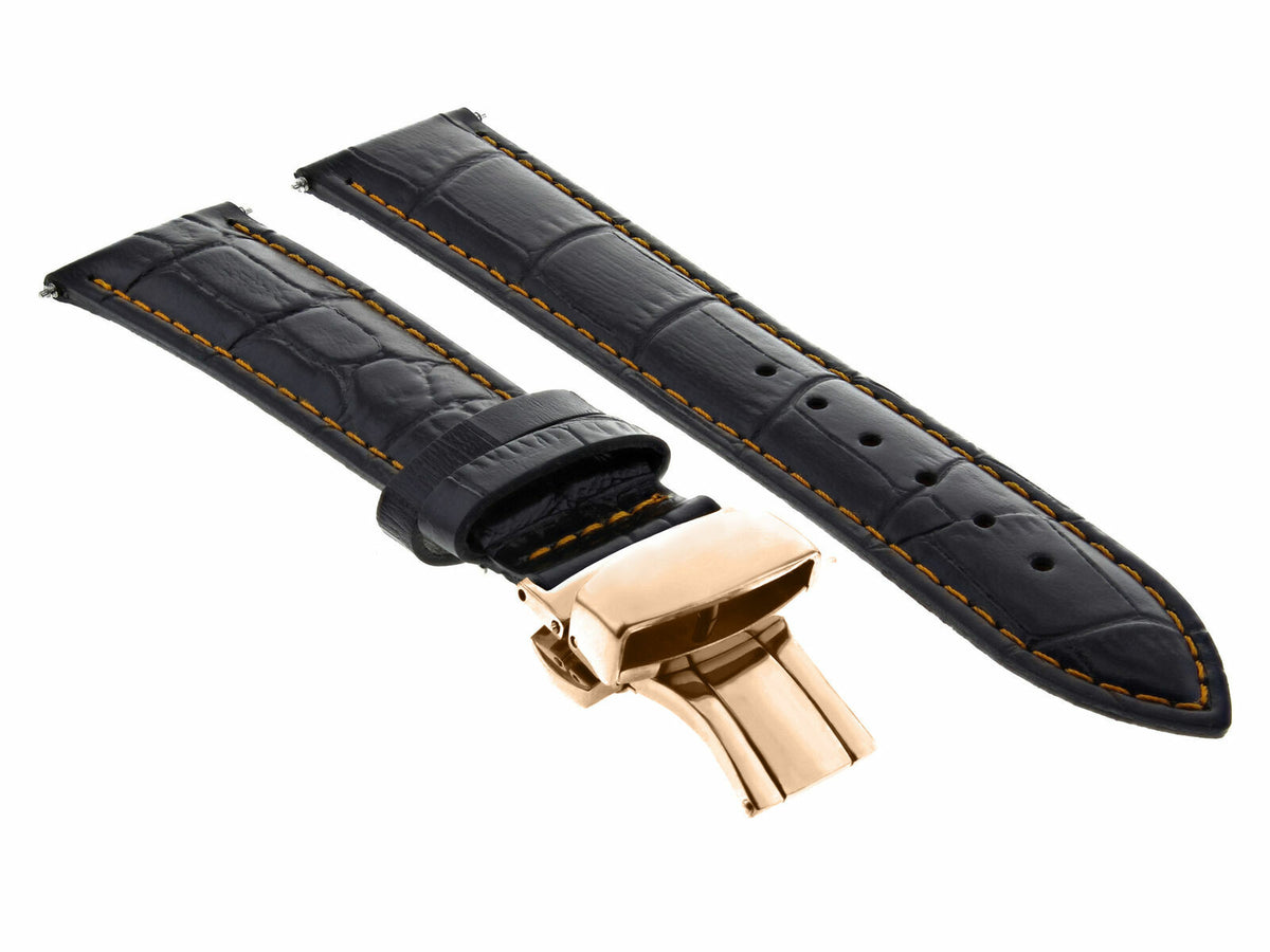 17-18-19-20-21-22-23-24MM LEATHER WATCH BAND STRAP FOR WRIST WATCH ROSE BLACK, Black with Orange Stitching, front view