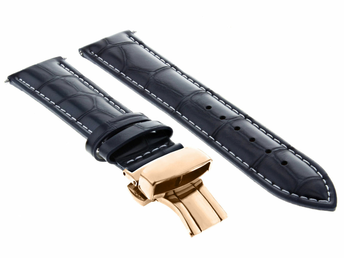 17-18-19-20-21-22-23-24MM LEATHER WATCH BAND STRAP FOR WRIST WATCH ROSE BLACK, Dark Blue with White Stitching, front view