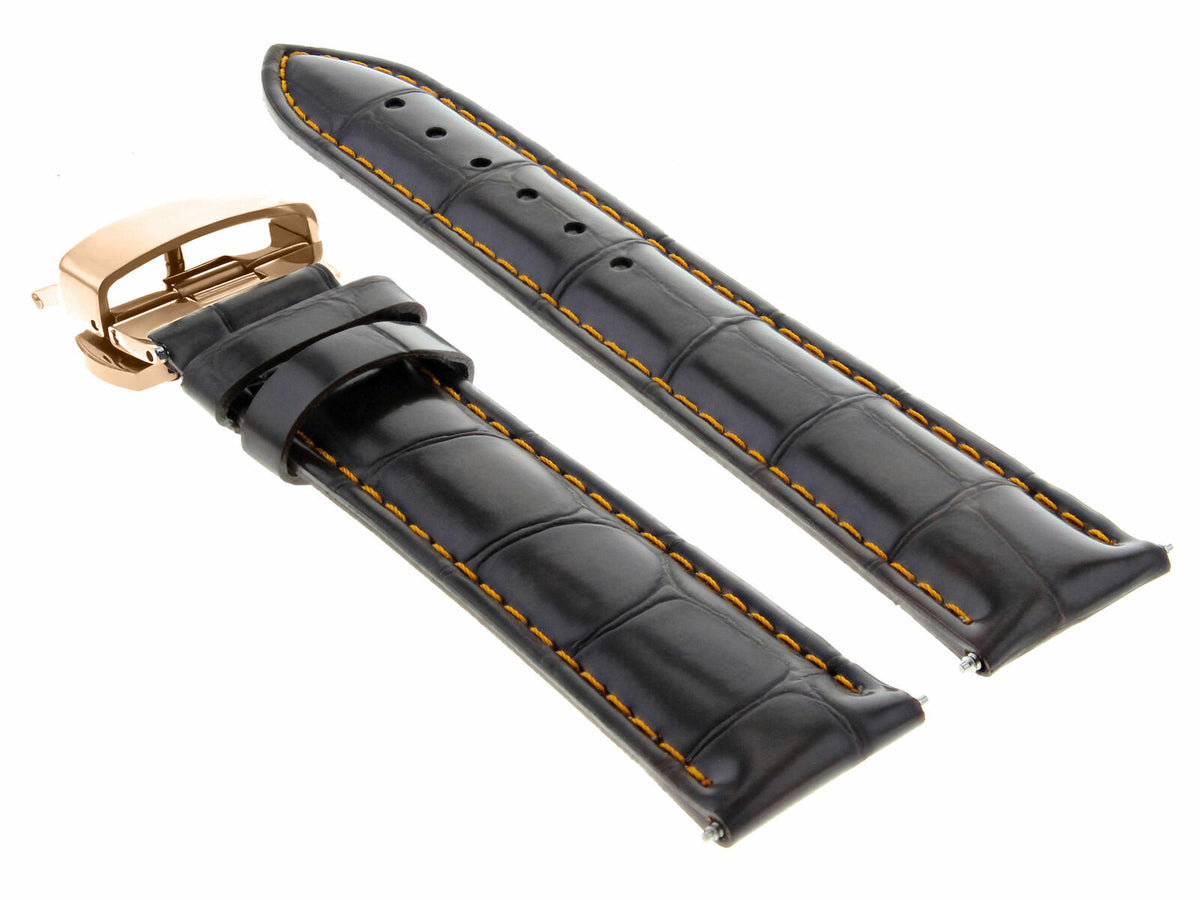 17-18-19-20-21-22-23-24MM LEATHER WATCH BAND STRAP FOR WRIST WATCH ROSE BLACK, Dark Brown Orange Stitching, front view