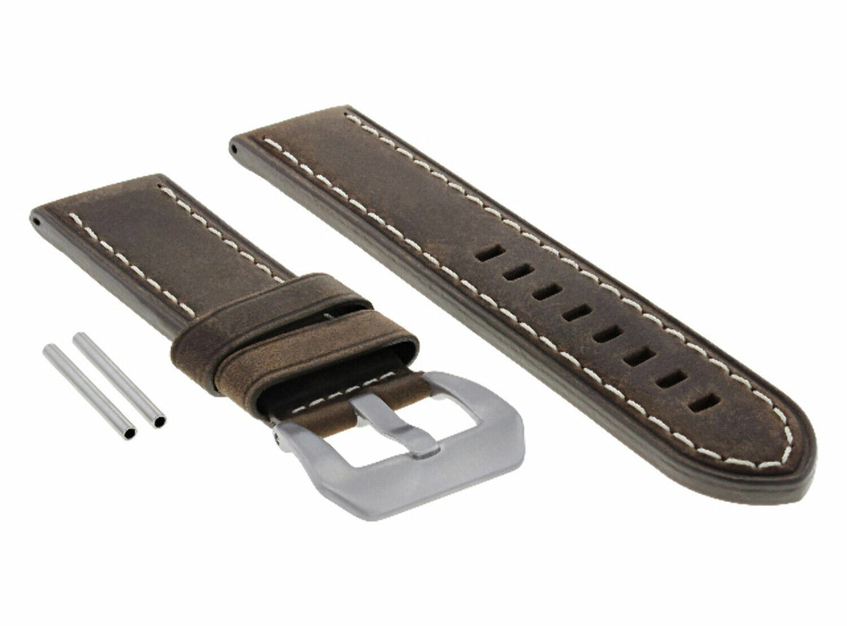 22-24MM PREMIUM PAM LEATHER WATCH STRAP BAND FOR 40- 44MM PANERAI GMT WATCH, Dark Brown White Stitching, front view