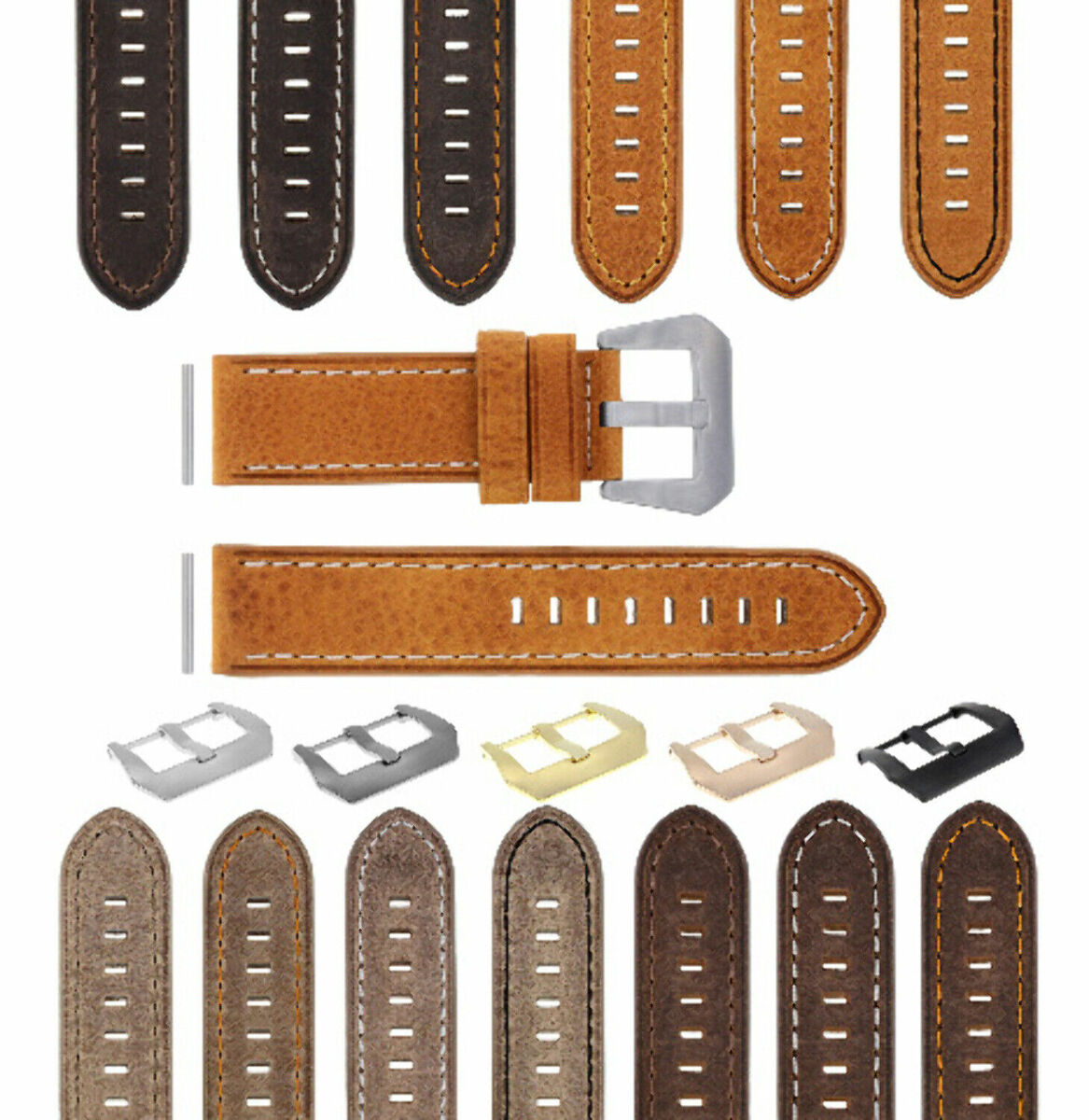 22-24MM PREMIUM PAM LEATHER WATCH STRAP BAND FOR 40- 44MM PANERAI GMT WATCH, Tan with White Stitching