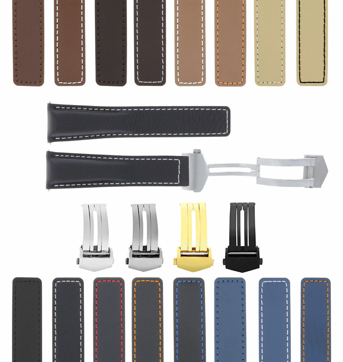 19-20-22MM LEATHER WATCH BAND STRAP UNIVERSAL DEPLOYMENT CLASP TWO-PIECE STRAP