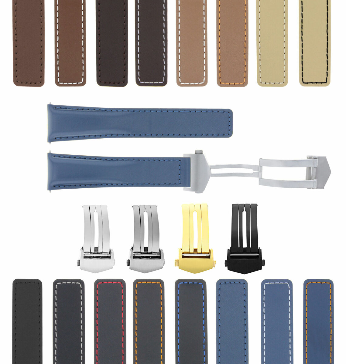 19-20-22MM LEATHER WATCH BAND STRAP UNIVERSAL DEPLOYMENT CLASP TWO-PIECE STRAP
