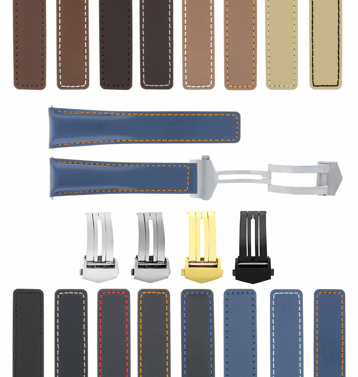 19-20-22MM LEATHER WATCH BAND STRAP UNIVERSAL DEPLOYMENT CLASP TWO-PIECE STRAP