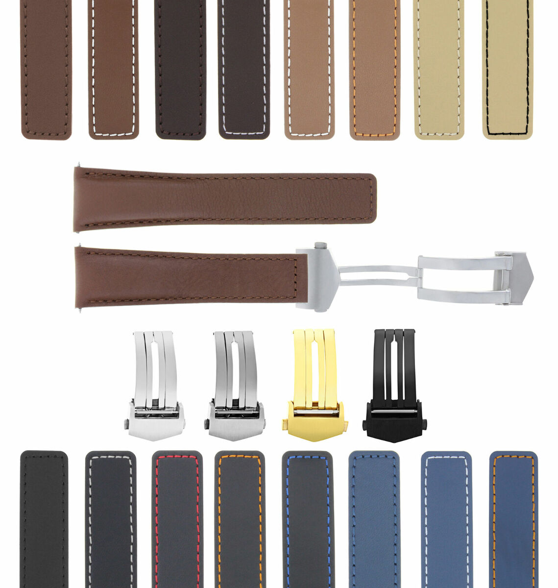 19-20-22MM LEATHER WATCH BAND STRAP UNIVERSAL DEPLOYMENT CLASP TWO-PIECE STRAP