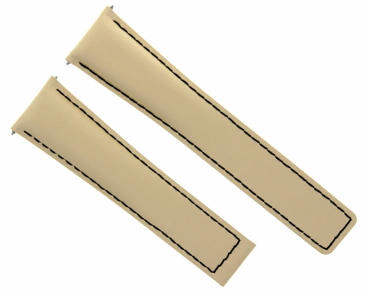 19-20-22MM LEATHER WATCH BAND STRAP UNIVERSAL DEPLOYMENT CLASP TWO-PIECE STRAP, Beige with Black Stitching, view 3
