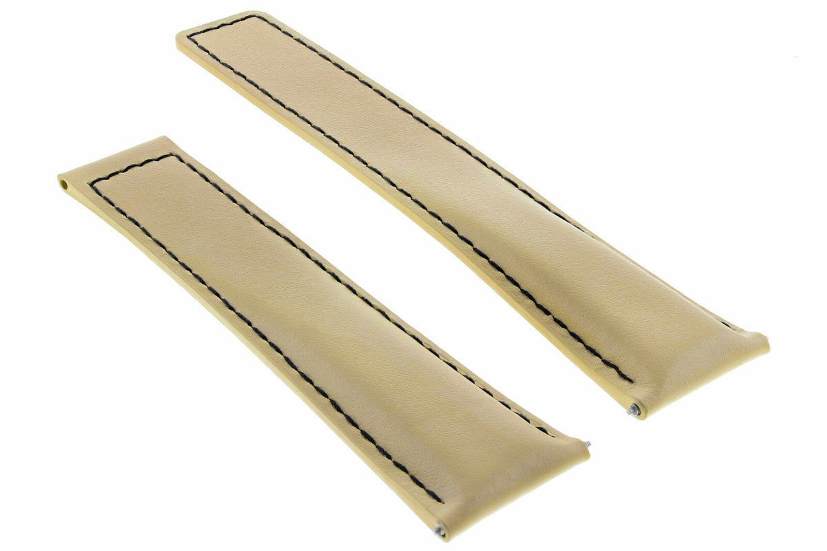 19-20-22MM LEATHER WATCH BAND STRAP UNIVERSAL DEPLOYMENT CLASP TWO-PIECE STRAP, Beige with Black Stitching, view 4