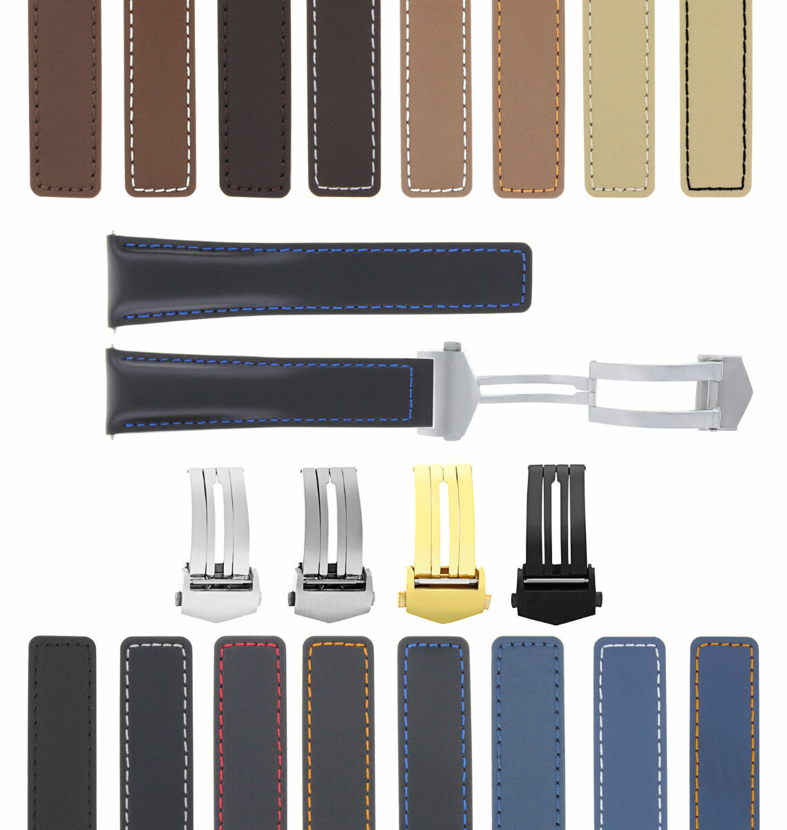19-20-22MM LEATHER WATCH BAND STRAP UNIVERSAL DEPLOYMENT CLASP TWO-PIECE STRAP