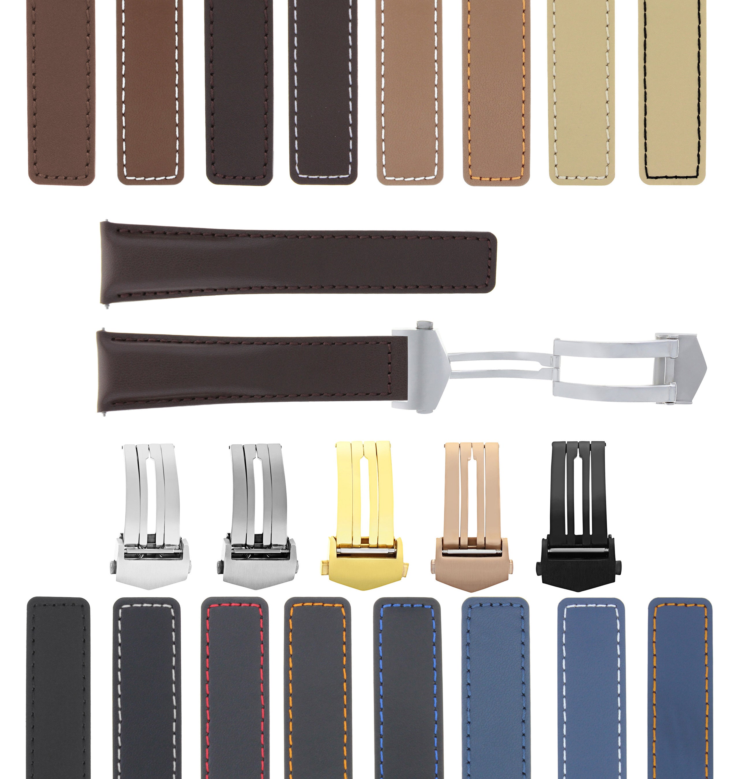 19-20-22MM LEATHER WATCH BAND STRAP UNIVERSAL DEPLOYMENT CLASP TWO-PIECE STRAP