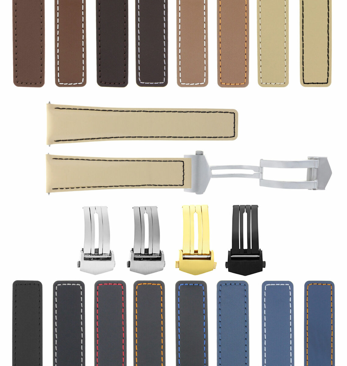 19-20-22MM LEATHER WATCH BAND STRAP UNIVERSAL DEPLOYMENT CLASP TWO-PIECE STRAP