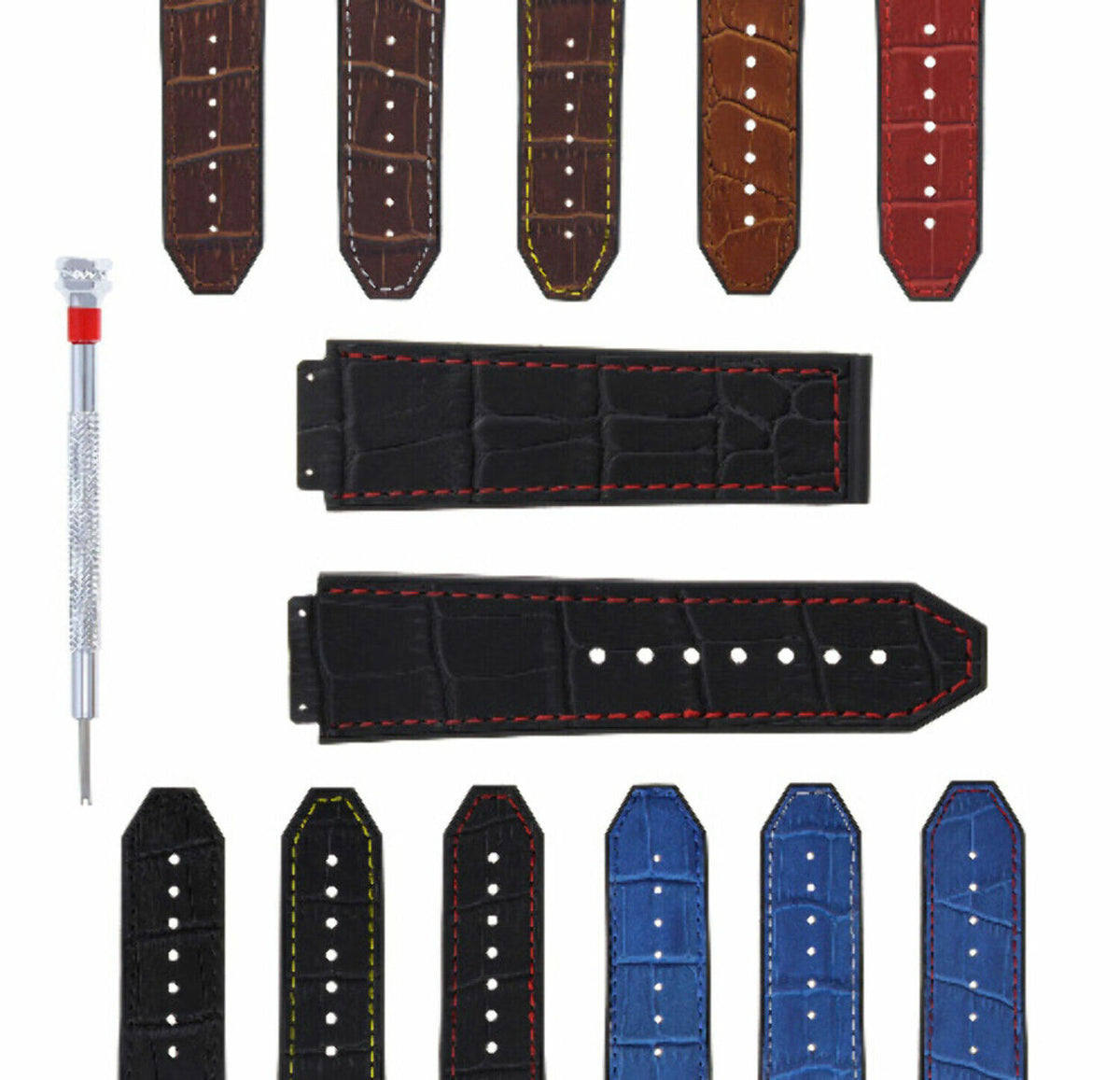 24MM ALLIGATOR LEATHER RUBBER WATCH BAND STRAP WITH DRIVER FOR HUBLOT BIG BANG, Black with Red Stitching