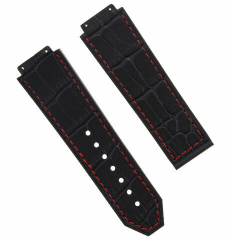 24MM ALLIGATOR LEATHER RUBBER BAND STRAP FOR HUBLOT H BIG BANG 2 SCREW S/DRIVER - Black with Yellow Stitching