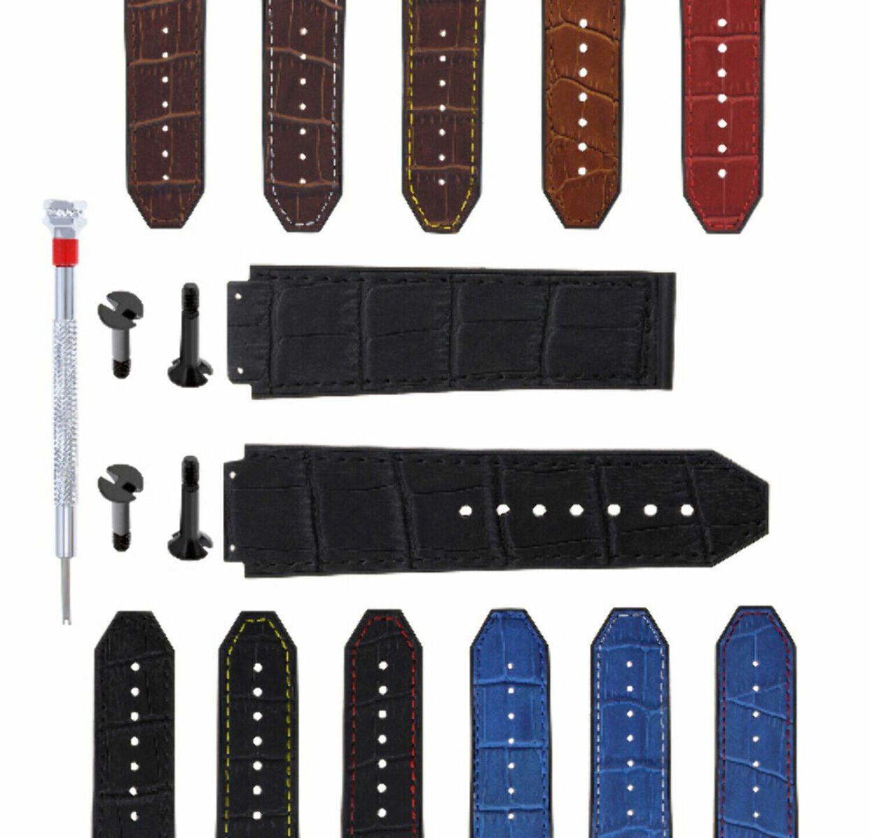 24MM ALLIGATOR LEATHER RUBBER BAND STRAP FOR HUBLOT BIG BANG 4 BK SCREW S/DRIVER