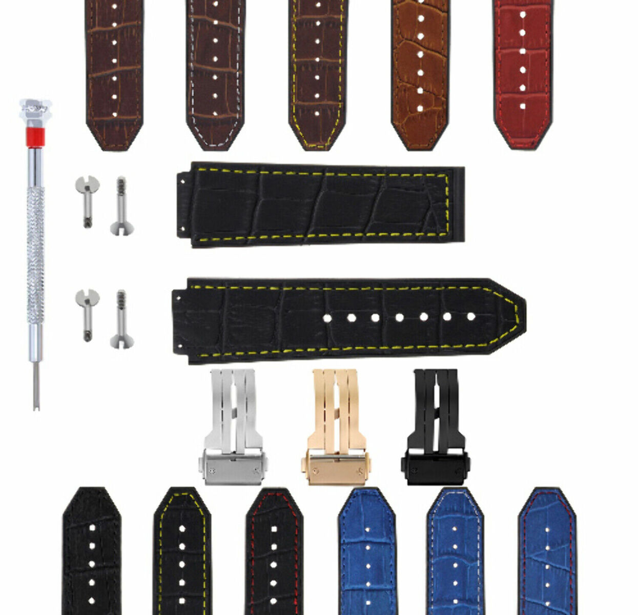 24MM ALLIGATOR LEATHER RUBBER BAND STRAP FOR HUBLOT BANG CLASP 4 SCREW S/DRIVER