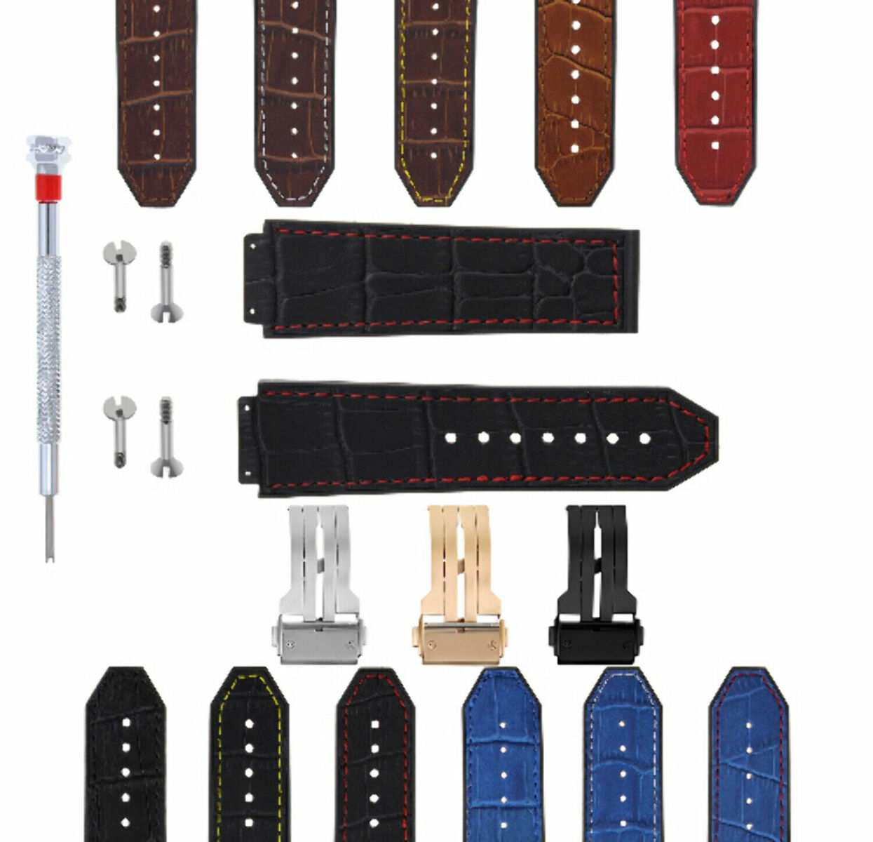 24MM ALLIGATOR LEATHER RUBBER BAND STRAP FOR HUBLOT BANG CLASP 4 SCREW S/DRIVER