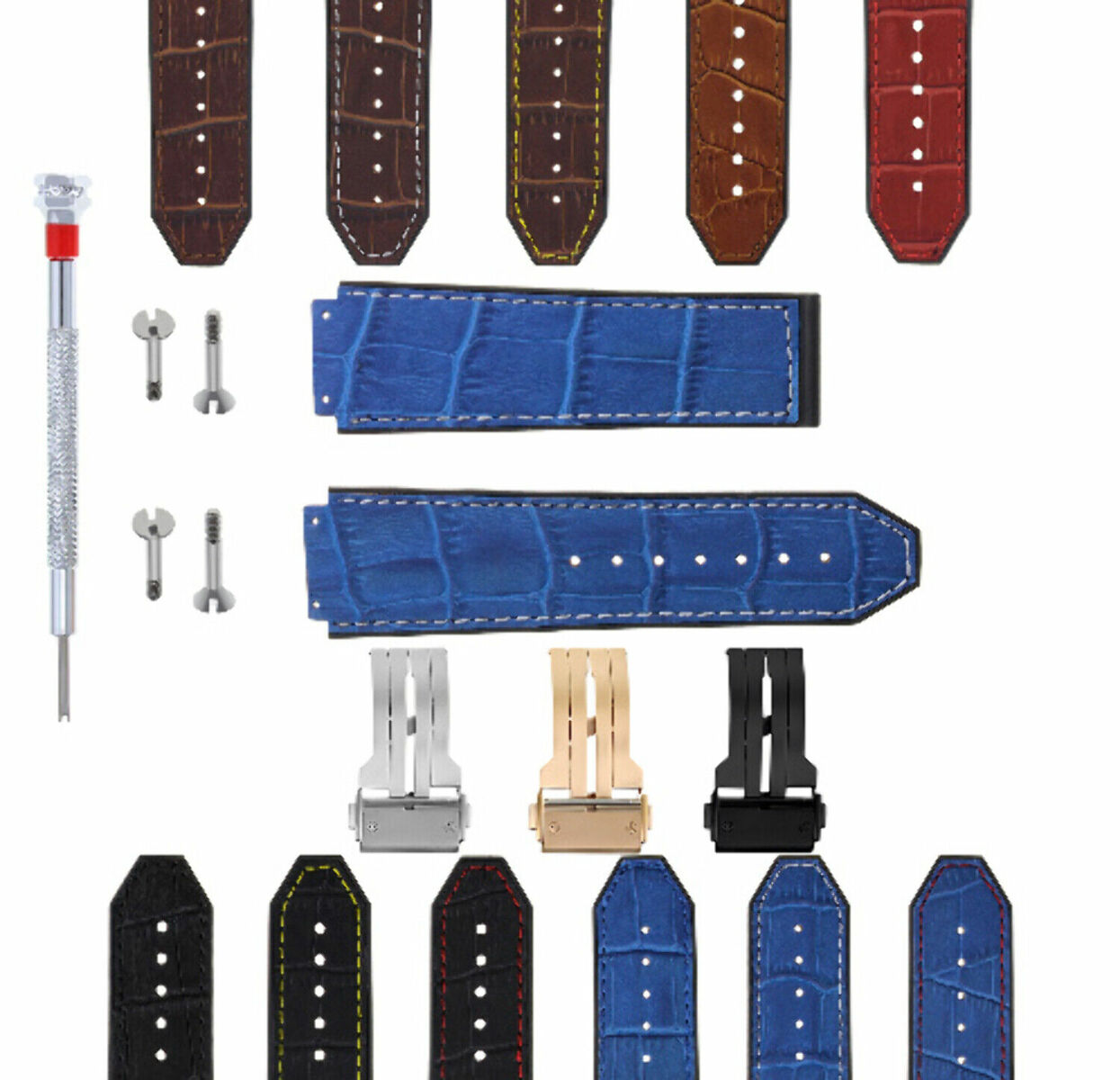 24MM ALLIGATOR LEATHER RUBBER BAND STRAP FOR HUBLOT BANG CLASP 4 SCREW S/DRIVER