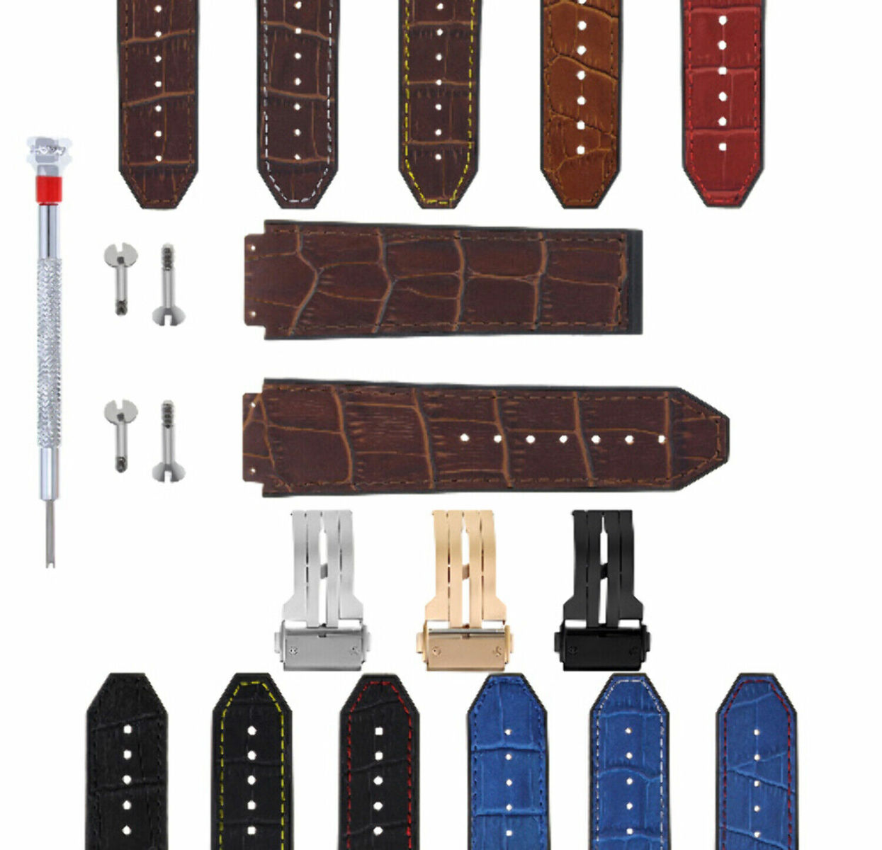 24MM ALLIGATOR LEATHER RUBBER BAND STRAP FOR HUBLOT BANG CLASP 4 SCREW S/DRIVER
