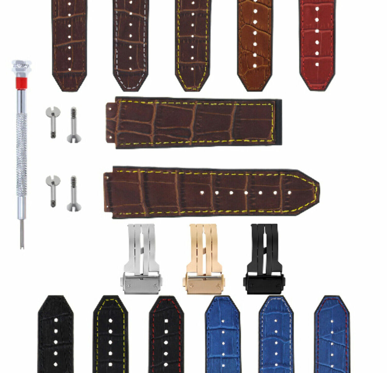 24MM ALLIGATOR LEATHER RUBBER BAND STRAP FOR HUBLOT BANG CLASP 4 SCREW S/DRIVER