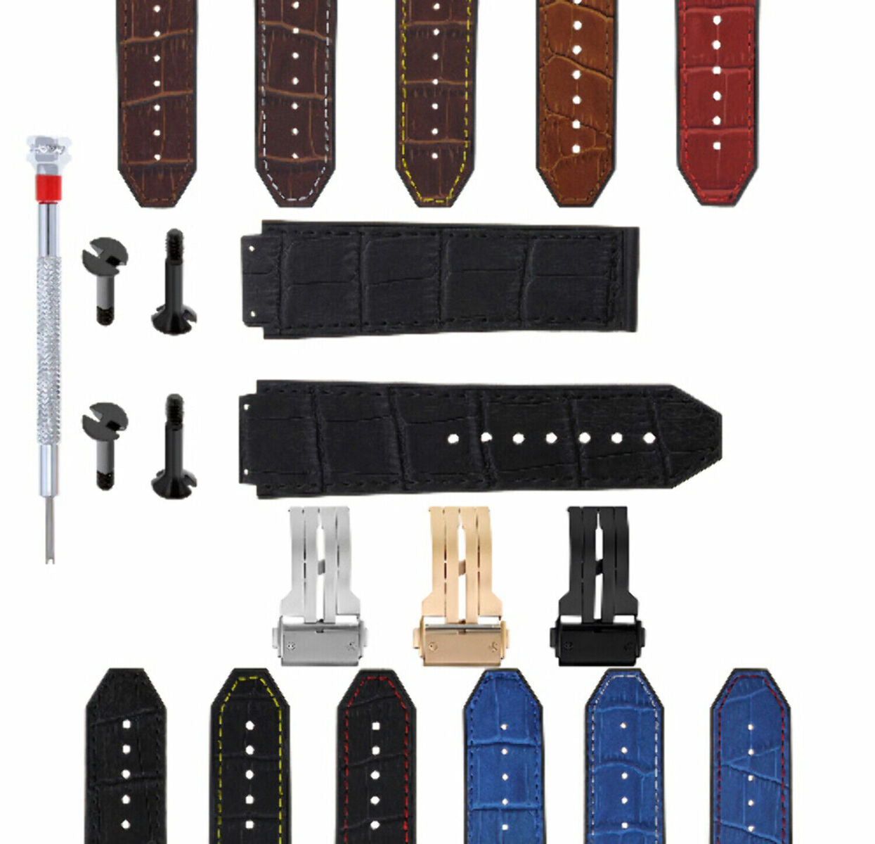 24MM ALLIGATOR LEATHER RUBBER BAND STRAP FOR HUBLOT BANG CLASP 4 SCREW S/DRIVER - Bracelet Band
