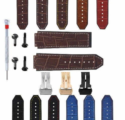 24MM ALLIGATOR LEATHER RUBBER BAND STRAP FOR HUBLOT BANG CLASP 4 SCREW S/DRIVER - Bracelet Band