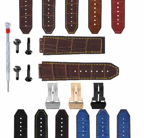 24MM ALLIGATOR LEATHER RUBBER BAND STRAP FOR HUBLOT BANG CLASP 4 SCREW S/DRIVER