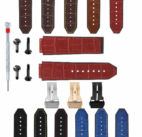 24MM ALLIGATOR LEATHER RUBBER BAND STRAP FOR HUBLOT BANG CLASP 4 SCREW S/DRIVER - Bracelet Band