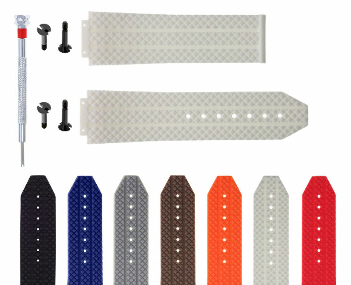 24MM-25MM RUBBER WATCH BAND STRAP WITH 4 BLACK SCREWS AND DRIVER FOR HUBLOT, White