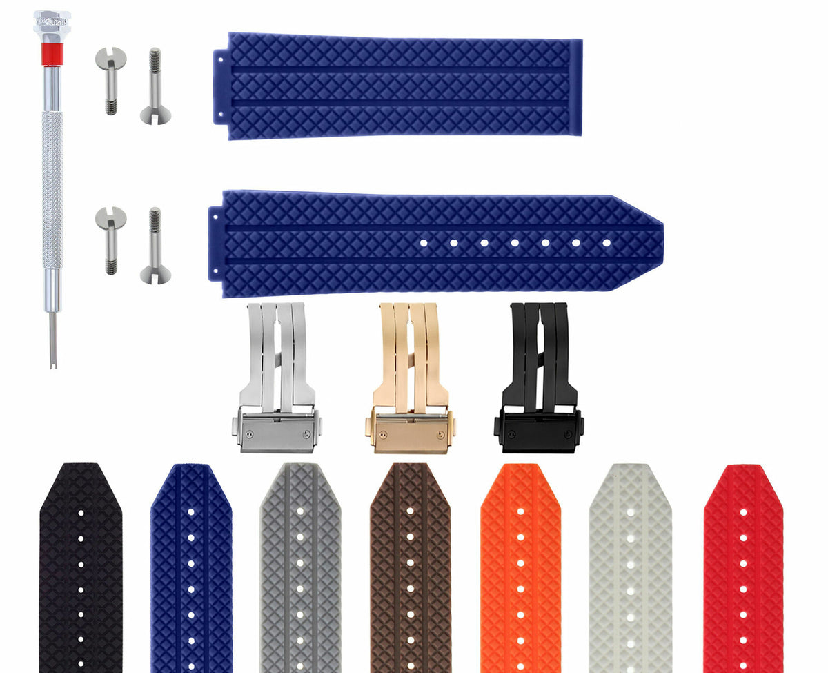 24-25MM RUBBER WATCH BAND FOR HUBLOT BIG BANG CERAMIC BUCKLE 4 SCREW SCREWDRIVER, Blue