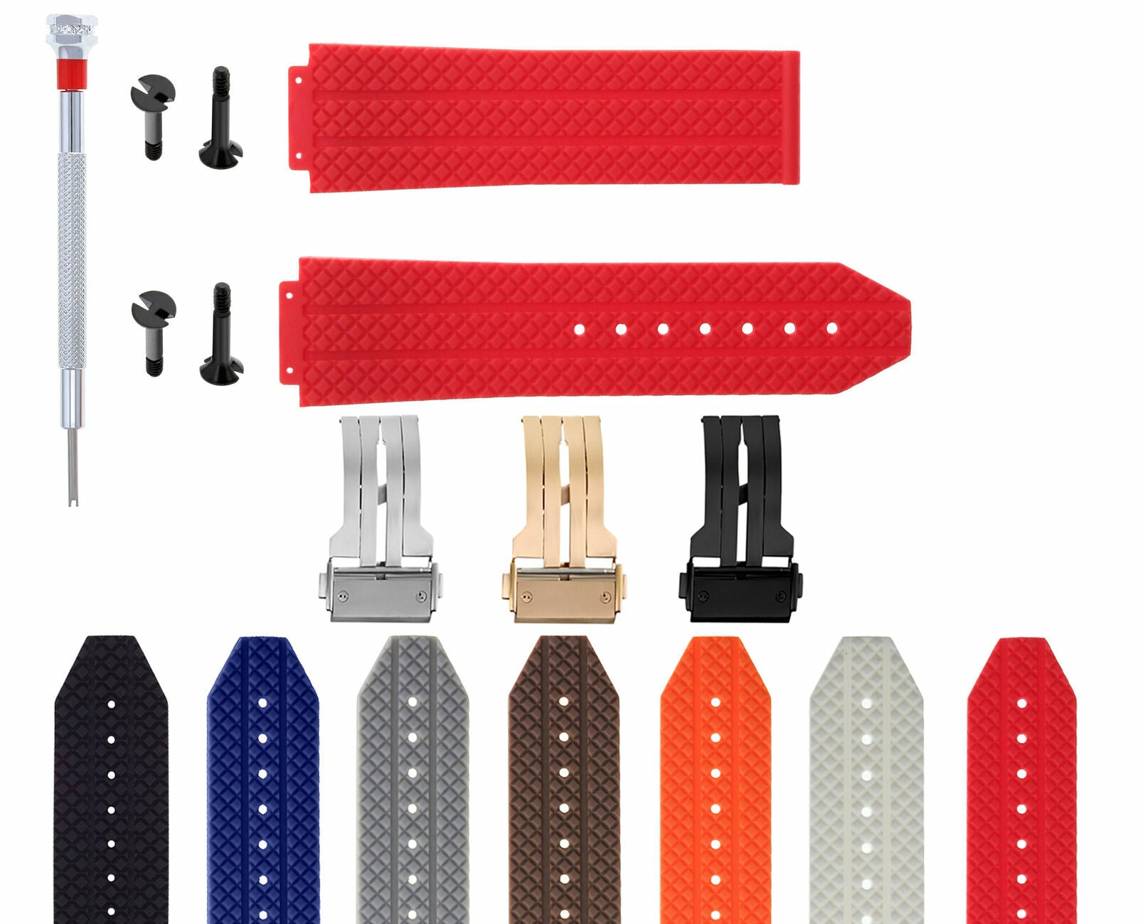 24-25MM RUBBER WATCH BAND FOR HUBLOT BIG BANG CERAMIC CLASP 4 BLK SCREW S/DRIVER