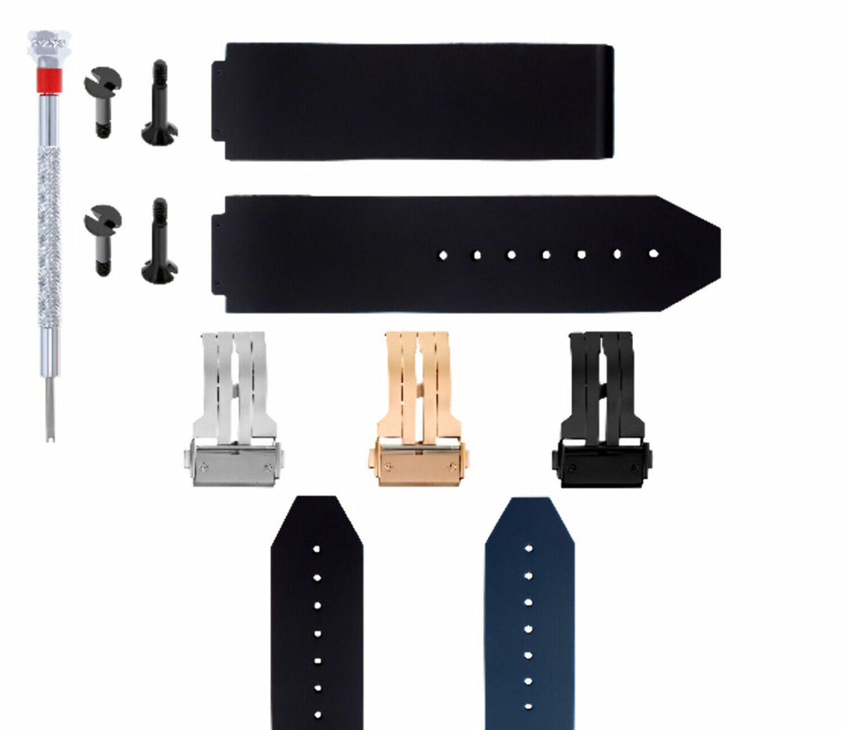 24MM RUBBER WATCH BAND STRAP FOR HUBLOT H BIG BANG BUCKLE 4 BK SCREW SCREWDRIVER, Black
